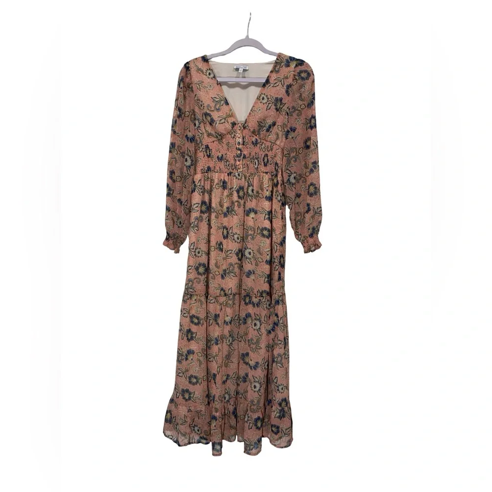 Patrons of Peace Floral Smocked Maxi Dress in pink Size Small Boho‎ Tiered